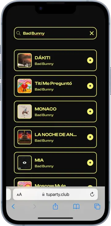 Pantalla de TuParty buscando una canción para pedirla durante el banquete de la boda